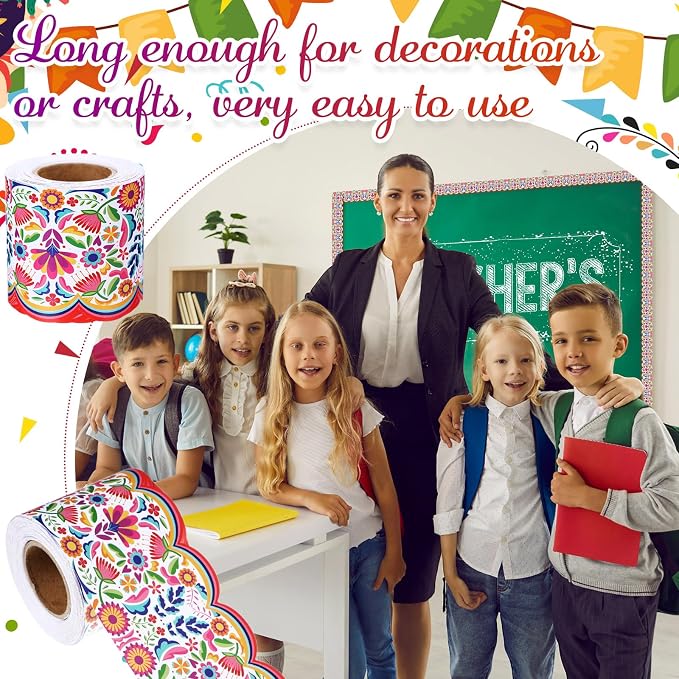 32.8 Ft Spanish Bulletin Board Borders Mexican Scalloped Trim | Fiesta Trim for Classroom Office, Hispanic Heritage Displays, Rainbow Floral Scalloped Edge, Party Wall Decoration Supplies