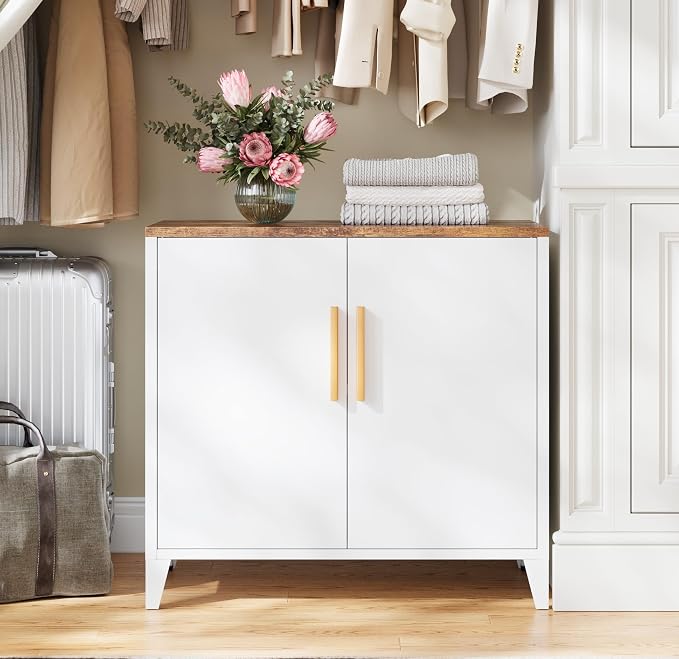 Metal Storage Cabinet with 2 Doors and Shelves 16" Dx 32" Wx30 H,Small Buffet Sideboard Short Cabinet for Kitchen Dining,Office Credenza Locker Modern Coffee Bar,Entryway Bathroom(White)