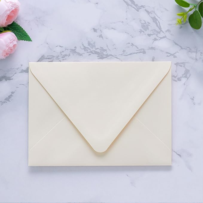 PONATIA 50 PCS/Pack A7 Envelopes, Euro Flap 5x7 Envelopes for Wedding Invitations, Greeting Cards, Acrylic Invitations, Photos, Postcards, Christmas Mailing 5.25 x 7.25 inches (Cream)