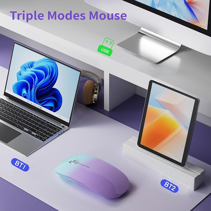 TENMOS M18 Bluetooth Mouse,USB C Rechargeable Wireless Mouse, Green&Purple | Tri-Mode BT5.1/5.0+2.4G, Silent, Portable, Battery Level Visible, USB Receiver,Type C Adapter, for Laptop/Macbook/iPad/PC
