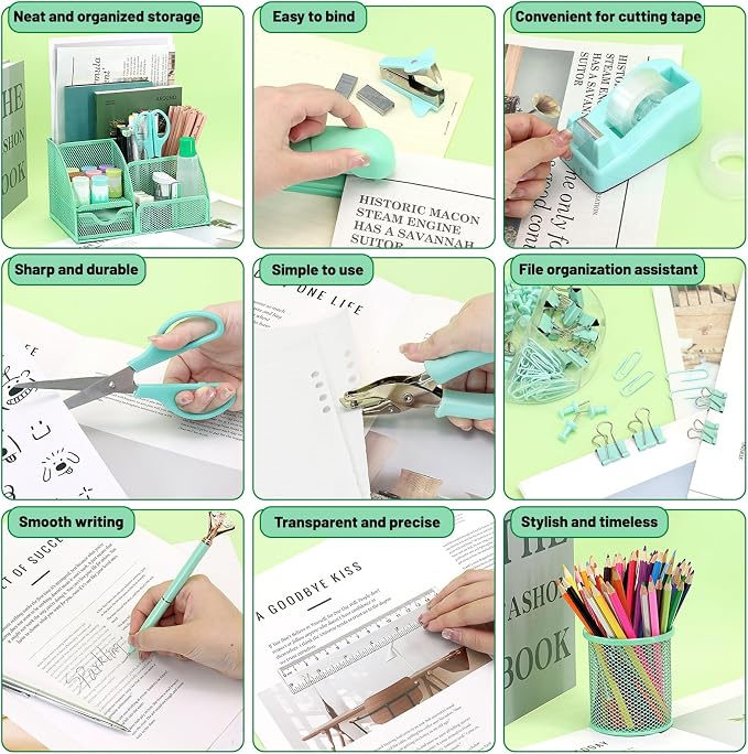 13-in-1 Office Desk Organizer Set for Back to School Supplies Accessories | Organizer Set with Stapler and Tape Dispenser, Pen Holder, Scissors, Ruler, Hole Punch, 2 Pens & More Desk Supplies