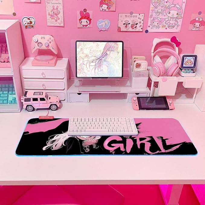 JMIYAV Pink RGB Gaming Mouse Pad 31.5x12 Inch PC XL Large Extended Glowing Led Light Up Desk Pad Non-Slip Rubber Base Computer Cute Mousepad Mat Desk Accessories Gaming Setup Dream Girl