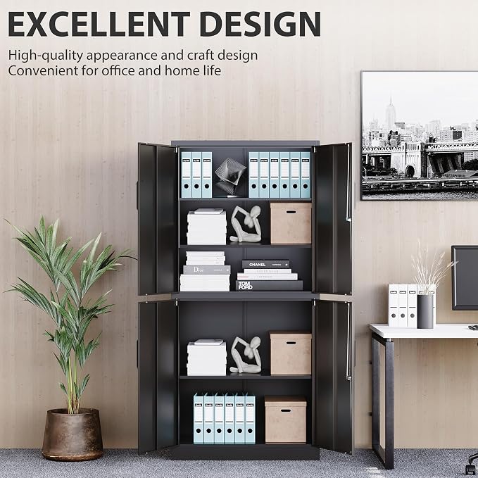 Metal Storage Cabinet with 3 Adjustable Shelves and 4 Doors,71" Garage Storage Cabinet with Lock,Black Metal Cabinets with Locking Doors,Steel Tool Cabinets,Lockable Cupboard for Home,Office,Garage