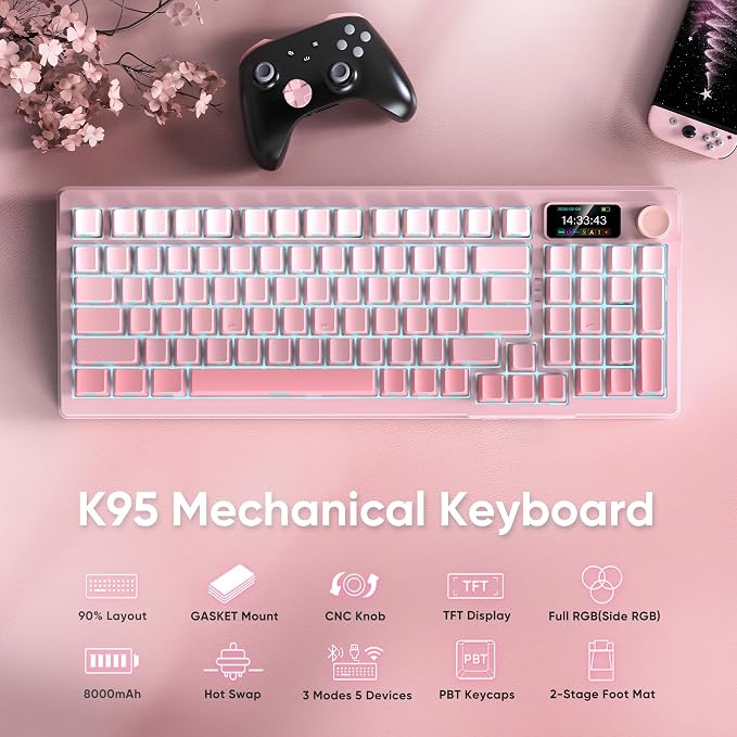 RedThunder K95 Wireless Mechanical Keyboard, TFT Screen & Knob, Triple-Mode, Custom Gasket Mount Hot-Swap, Pre-lubed Linear Pink Switches, RGB Backlit, Side-Printed PBT Keycaps, Gradient Sakura Pink