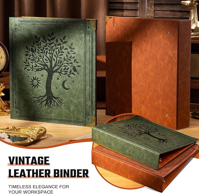 Leather D Ring Binder Fits 8.5"x11" Letter Size Paper, 2 Inch D Ring Binders Holds 550 Sheets, Notepad Paper Cover Loose Leaf Organizer with Inner Pockets, Brown Tree