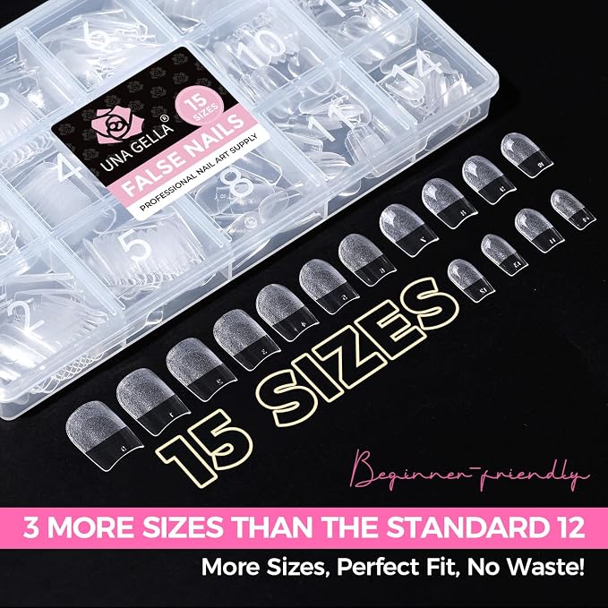 UNA GELLA Gel Nail Tips Square Short, 15 Sizes Short Square Press on Nails | Pre Etched 300pcs Soft Gel Fake Nails Full Cover for Nail Extension Home DIY Salon for Flat & Curved Nail Beds