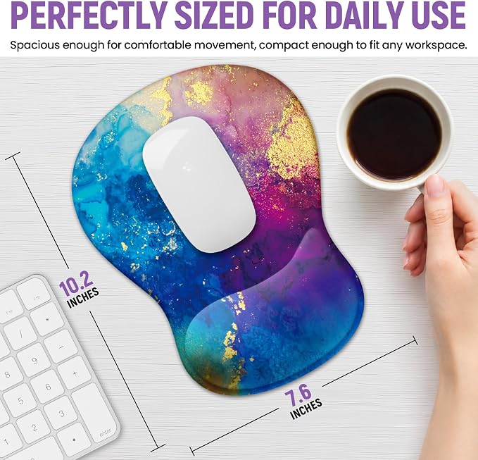 Ergonomic Mouse Pad with Wrist Rest, Gel Wrist Support, Gold Splash | 10.2 x 7.6 in Mouse Pad with Smooth Fabric Surface and Non-Slip Rubber Base for Office, Home, Study, and Gaming