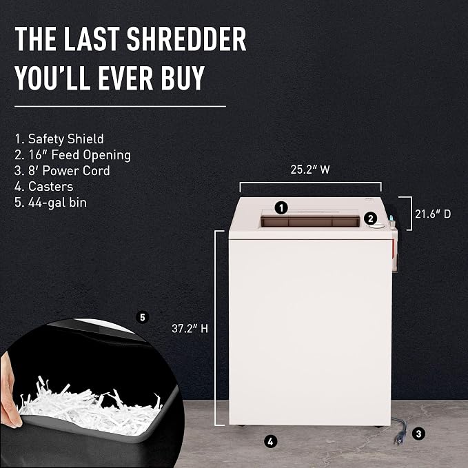Ideal 4003 Strip Cut Centralized Office Paper Shredder Heavy Duty, Continuous Operation, Shreds 43-45 Sheet Capacity, P-2 Security | P2 strip cut shredder for 18 to 20 users with 43 to 45 sheet capacity 44 gallon bin and 16 inch feed opening
