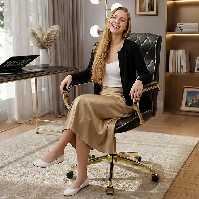 Black and Gold Office Chair, Luxury Leather Executive Desk Chair | Elegant Timeless Appeal, Vintage Mid Back Styling with Wheels and Padded Arms, Thick High Density Foam Comfort