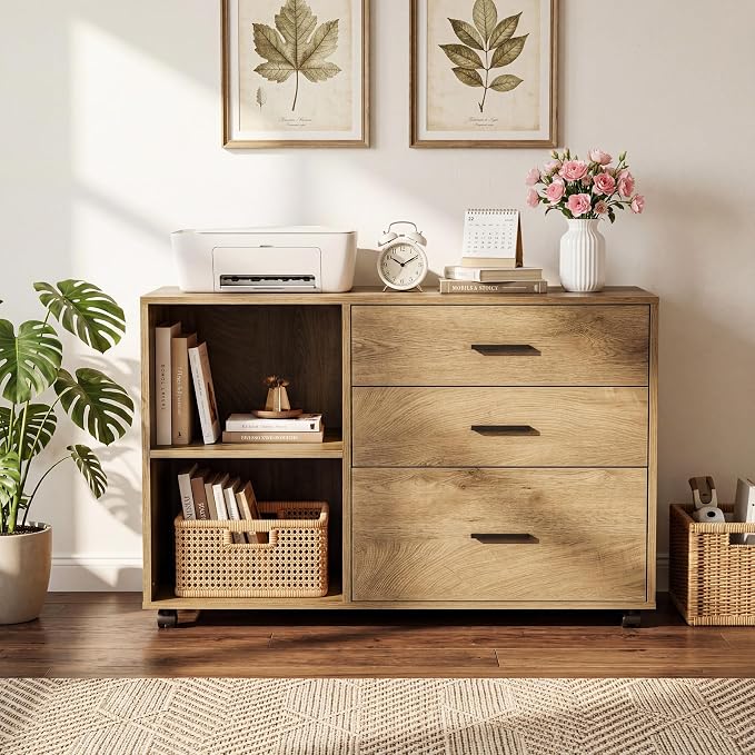 Tribesigns 39" Rolling File Cabinet with 3 Drawers for Office, Light Brown | Wooden Office Lateral Filing Cabinet for Home Office Modern Mobile Printer Stand with Storage Shelves Large Storage Drawer