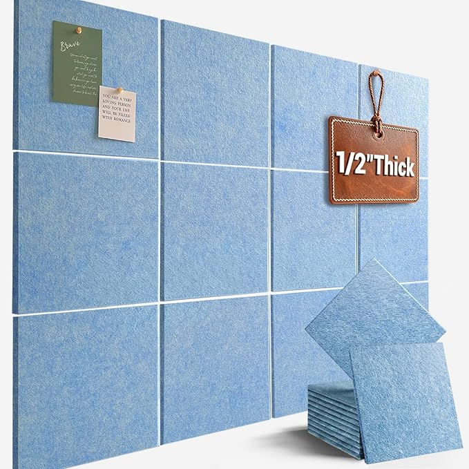 48" x 36" Large Felt Bulletin Board 1/2" Thick, Light Blue | 12 Pack Felt Tiles, Cork Board Alternative, 60 Adhesive Tabs, Pin Board for Home Office Decor with Easy Install