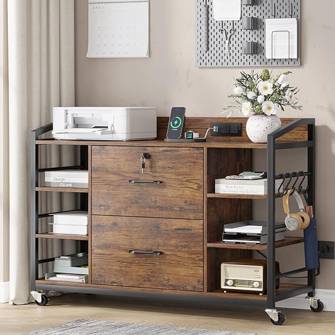 SEDETA 44" File Cabinet with Lock, Filing Cabinet fits Legal/Letter Size | Rustic Brown Lateral 2 Drawer Filing Cabinets for Home Office with Lock, Power Strip, 6 Storage Shelves, Wheels and 4 Hooks