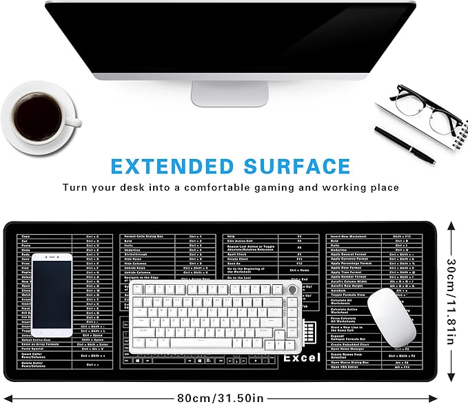 Excel Cheat Sheet Desk Pad, 31.5"x11.8", Waterproof Extra Large Excel Shortcut Mat with Stitched Edges, Anti-Slip Excel Mouse Pad for Office Desk, MS Excel/Word Shortcuts (Black Excel)