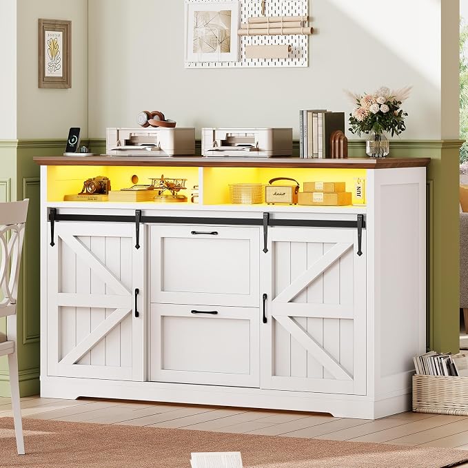 SEDETA 47.2" File Cabinet, 2 Drawers Filing Cabinets for Home Office fit Legal/Letter/A4 File, Farmhouse File Cabinet with Barn Door & Power Outlets, Printer Stand with Storage & LED Lights, White