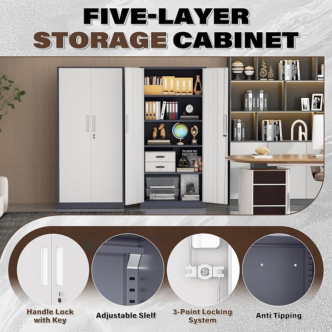 Incbruce 72” Metal Storage Cabinet, Garage Cabinets and Storage System with Doors and Shelves, Tall Lockable Tool Cabinet for Garage, Office, Home (Grey White)