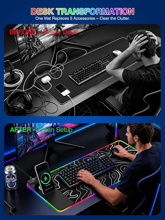 RGB Mouse Pad with Foldable Phone Stand Wireless Charger, 31.5"x11.8" XL Gaming Mousepad Large Desk Mat, Desk Pad with 11 Colors 5 Modes, Waterproof