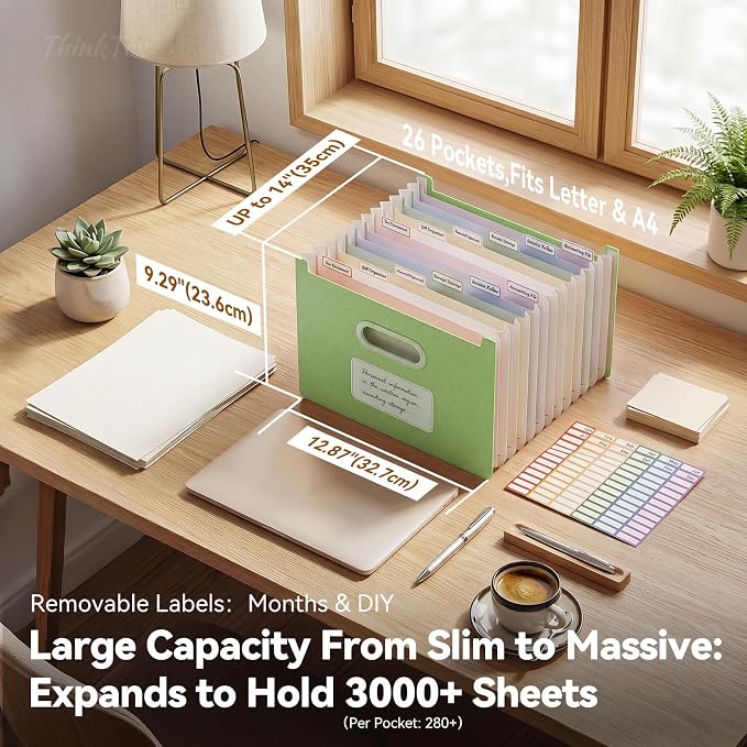 ThinkTex 12-Pocket Accordion File Organizer, Upright Open Top, Letter/A4 | Large Capacity Wheat Straw File Folders, File Organizer for Taxes, Bills, Medical Records, School, Office- Grass Green
