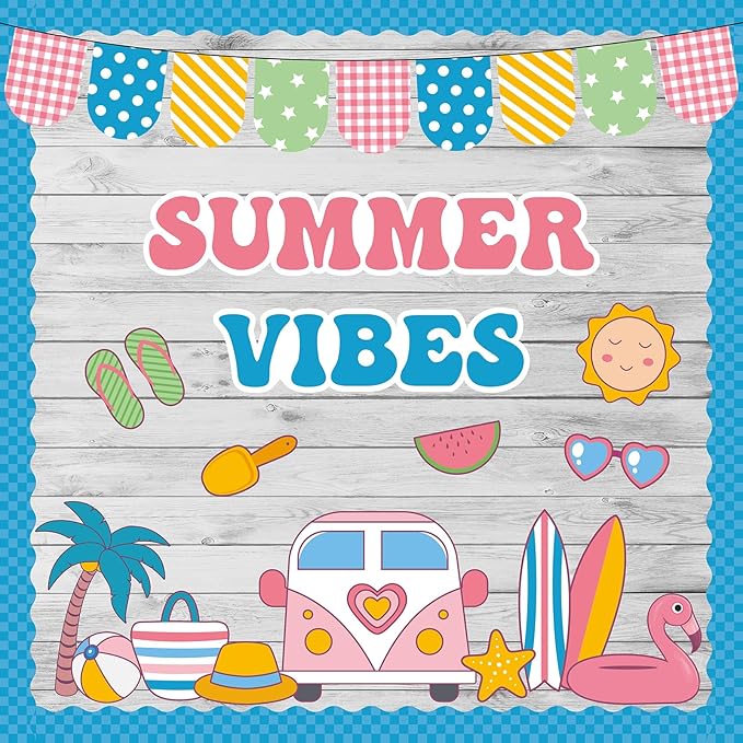 Hello Summer Bulletin Board Set Beach Theme Classroom Bulletin Board Decorations Surfing Tropical Palm Cutouts for Back to School Bus Teacher Supplies Nursery Home Chalkboard Wall Door Decor