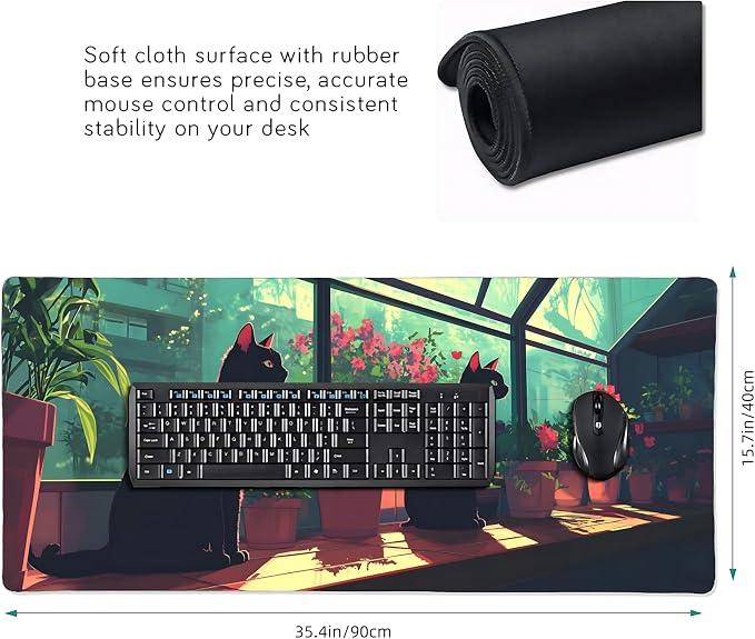 Cute Anime Black Cat Gaming Mouse Pad, Forest Green Anime Desk Mat with Anti-Slip Base & Stitched Edges,35.4" x 15.7" in Desk Accessories for Women, Home Office Decor & Artistic Gift