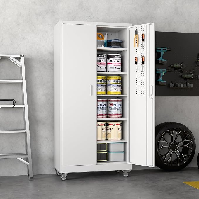 Metal Storage Cabinet with Wheels and Pegboard, 71" Tall Industrial Steel Cabinet with 5 Adjustable Shelves & Locking Doors, Rolling Garage Storage Cabinet for Office, Pantry, Home