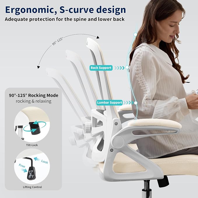 Ergonomic Office Chair Desk Chair with Adjustable Lumbar Support | Mesh Computer Chair Home Office Desk Chair with Flip-up Armrests Executive Task Chair Comfy Mesh Gaming Chair (Buff Beige)