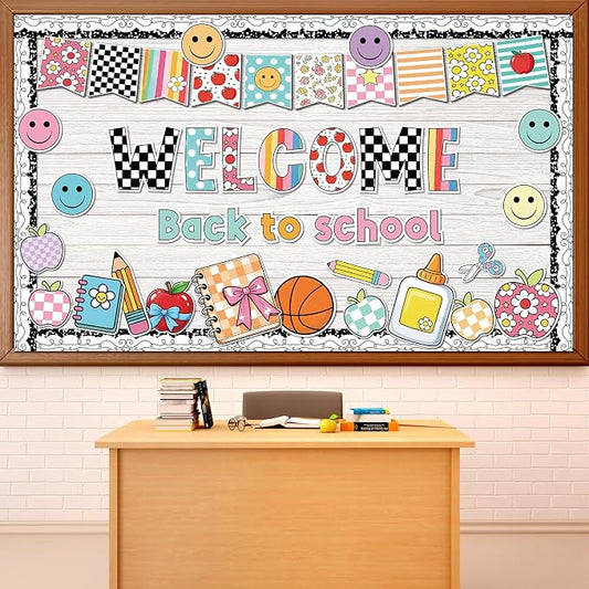Welcome Back to School Bulletin Board Set Groovy Hippie Classroom Decor Motivational Pencil Notebook Paper Cutouts for First Day of School Elementary Middle Classroom Wall Door Teacher Supplies