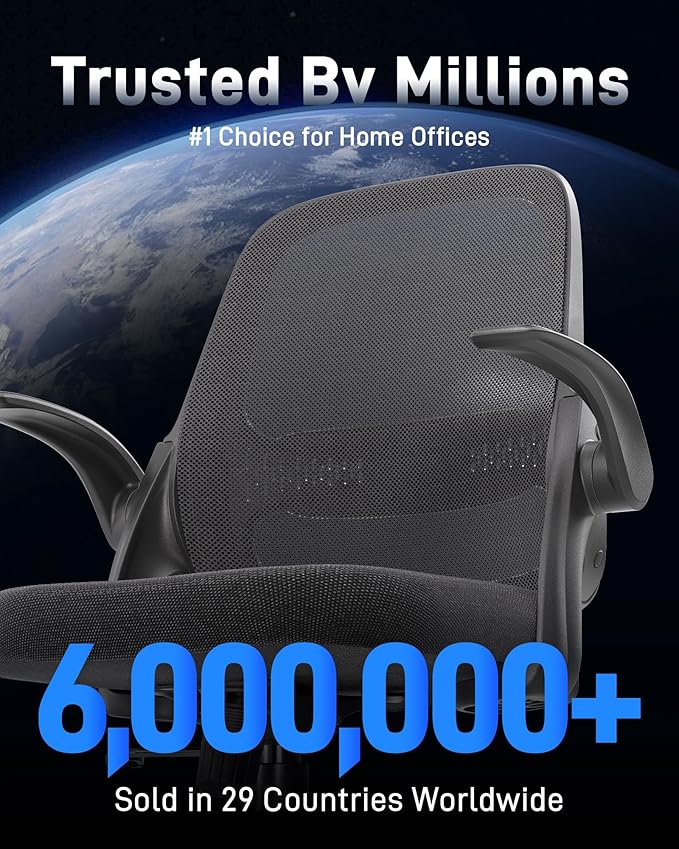Ergonomic Mesh Office Chair for Home Office, Flip-Up Arms, Breathable Mesh Back & Thick Seat Cushion, Swivel Rolling Computer Desk Chair, BIFMA Certified, Supports 300 lbs (Black Frame/Black Seat)
