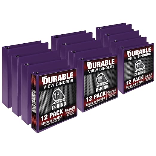 Samsill Durable 1.5 inch 3 Ring Binder, D Ring Binder, 100% Recycled Chipboard, Purple, 12 Pack