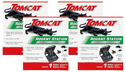 Tomcat Rodent Station, Includes 1 Rodent Station with 4 Bait Securing Rods and 1 Security Key - Fits Rat or Mouse Sized Traps (Baits & Traps Sold Separately) - Use Indoors or Outdoors (Pack of 4)