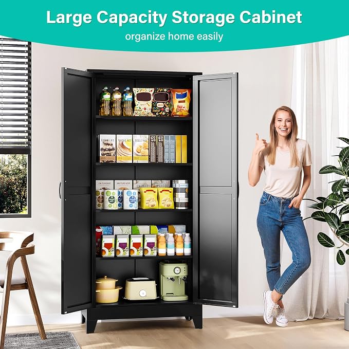 Wide & Deep Pantry Storage Cabinets with 2 Doors and 5 Shelves,Tall Storage Cabinet,Large Cupboard Closet,Farmhouse Storage Cabinet for Home,Kitchen,Dining/Living Room (Black, 72" H)