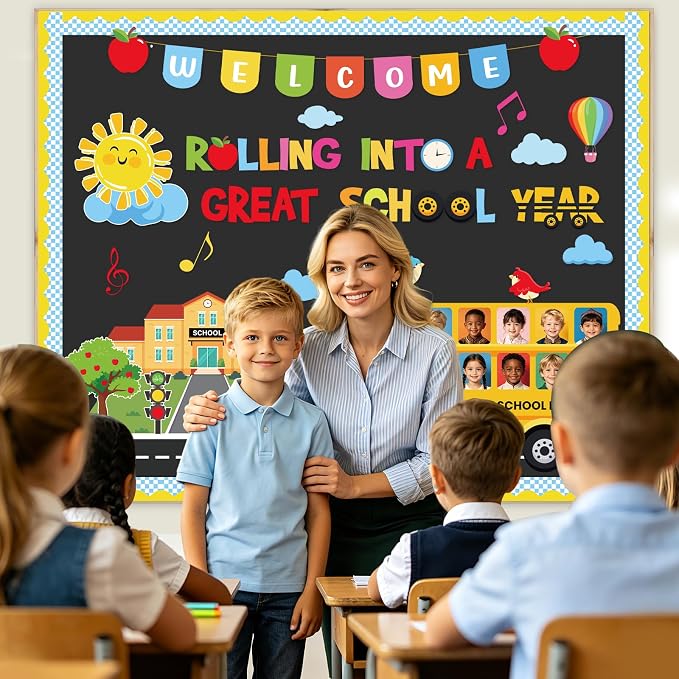 66Pcs Welcome Back to School Bulletin Board Decorations Set, School Bus Cutouts Yellow Bus Bulletin Board DIY Photo Crafts for Classroom Teacher Supplies Office Door Wall Decor