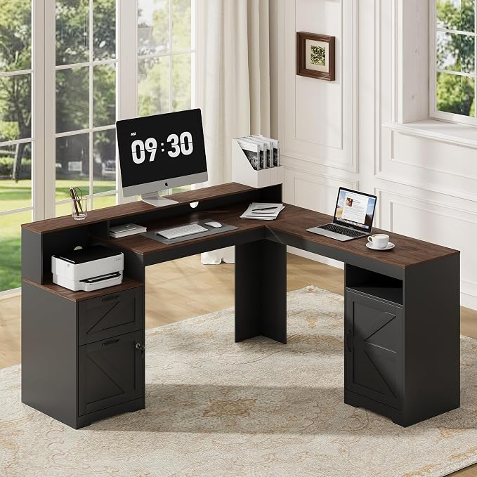MALOL 63" Farmhouse L Shaped Executive Desk, Corner Computer Desk with Drawers & Storage Shelf, Home Office Desk with Power Outlet, Monitor Stand, Wood Grain Desktop, Black & Rustic Brown