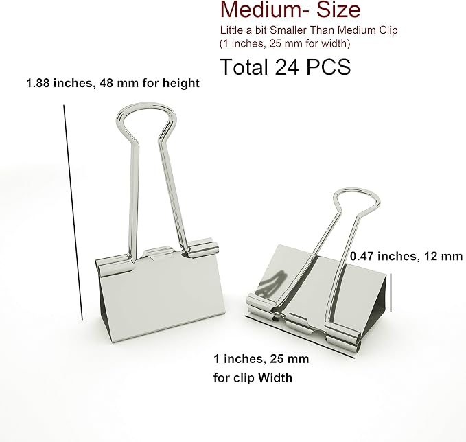 Nctinystore Binder Clips Little a bit Smaller Than Medium Clips Metal Clamp 1-in / 25-mm (Silver, 24-Count)