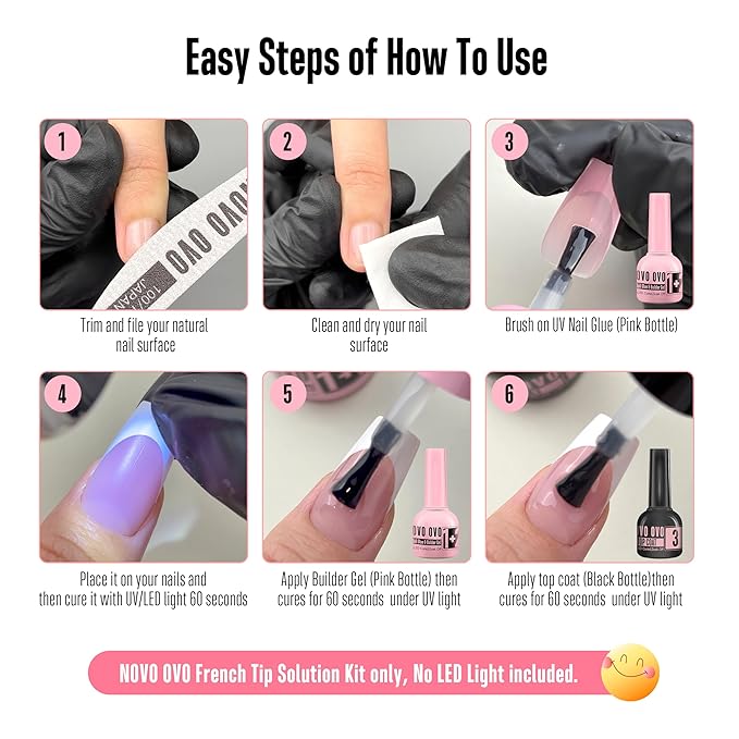 NOVO OVO French Tip Solution Kit, Including One Muti-function UV Nail Glue (also can work as Builder Gel) 10 ml, One Premium Top Coat 10ml for Pre-designed False Nail Tips Easy to Use 30 days lasting