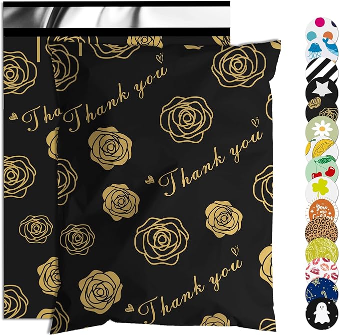Thank You Poly Mailer 14.5x19 Inch 50 Pcs, Waterproof and Tear-Resistant Shipping Bags for Clothing, Strong Mailing Bags with Self-Seal, Gold Rose Printed Packaging Bags for Small Business