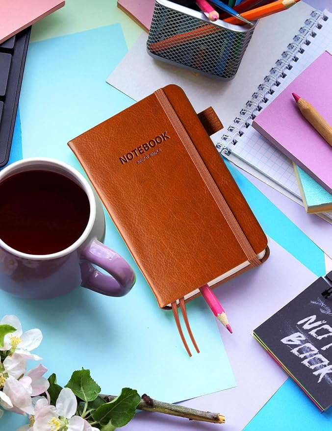 Pocket Notebook Small Notebook 2-Pack, 3.7" x 5.7" Pocket Notebooks Hardcover with Thick Lined Paper, Inner Pockets, Cover Letter Embossing Design Mini Journal Notepad Black+Brown