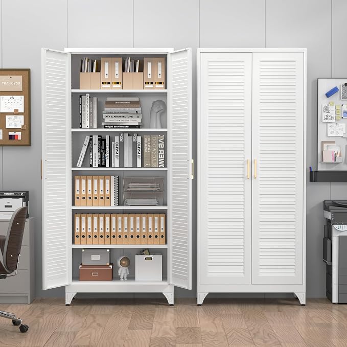 75" Tall Kitchen Pantry Cabinet, Metal Storage Cabinet with Doors | Kitchen Cabinet with 5 Adjustable Shelves, White Cupboard for Kitchen, Dining Room, Living Room, Bathroom, Garage and Office