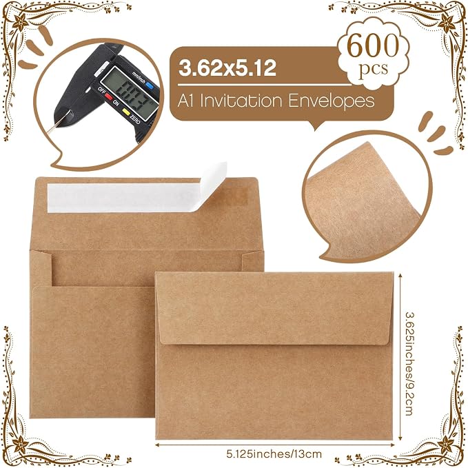 Fainne 600 Pack Kraft Envelopes for Invitation, 120 GSM,A1, 3.625 X 5.12in | Brown Envelopes for Invitation, 120 GSM Gift Card for Office, Wedding, Gift, Party, Baby Shower, Mailings