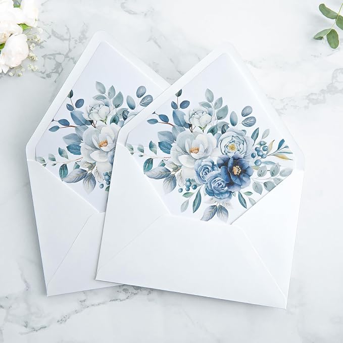 PONATIA 50PCS A7 Euro Flap Envelopes, 5.25 x 7.25'' Liner Envelope For 5x7'' Weddings Invitation Cards, Christmas Gift Cards, Acrylic Invitations, Photos (White & Dusty Blue)