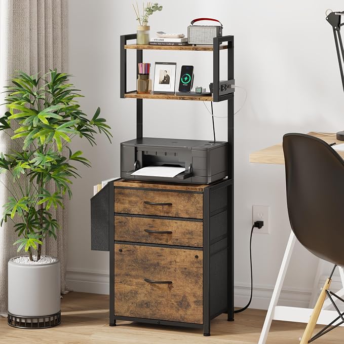 3 Drawer File Cabinet with Charging Station, 45''H, 3-Tier Small Filing Cabinet for Home Office, 11''*16'' for Small Printer, Fabric Drawer Fits Letter/A4, Tall Printer Stand, Rustic Brown