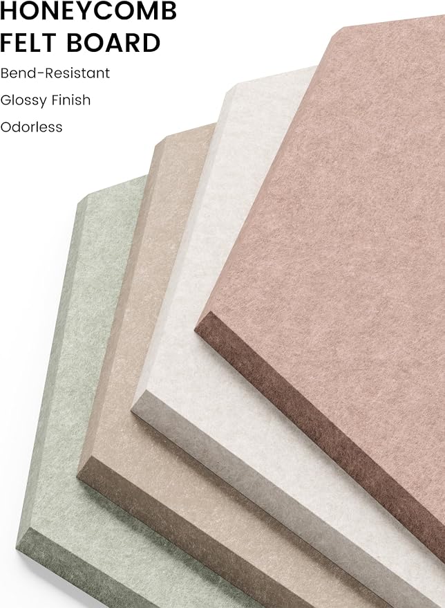 Fluxynara 8-Pack Hexagon Felt Bulletin Board Tiles, Boho-1 | Cork Board Alternative with 50 Adhesive Tabs for Notes, Photos and Reminders in Home Offices, Dorm and Classrooms