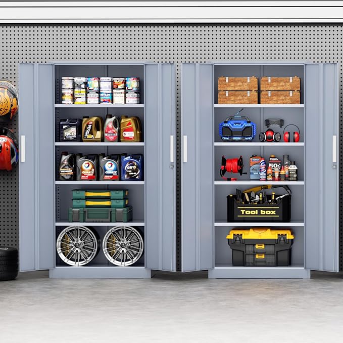 Incbruce 72” Metal Storage Cabinet, Locking Steel Storage Cabinet with 2 Doors and 4 Adjustable Shelves, Tall Lockable Tool for Garage, Home, Office (Cement Grey)