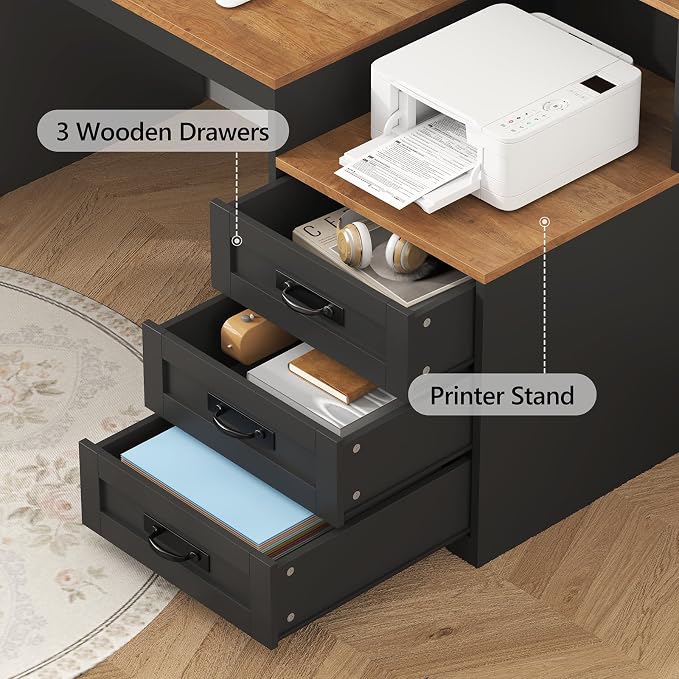 65" Farmhouse Computer Desk with Drawers and Printer Stand for Home Office | Office Desk with Power Outlets and Storage Cabinet, Study Writing Desks with Long Monitor Stand, Brown and Black