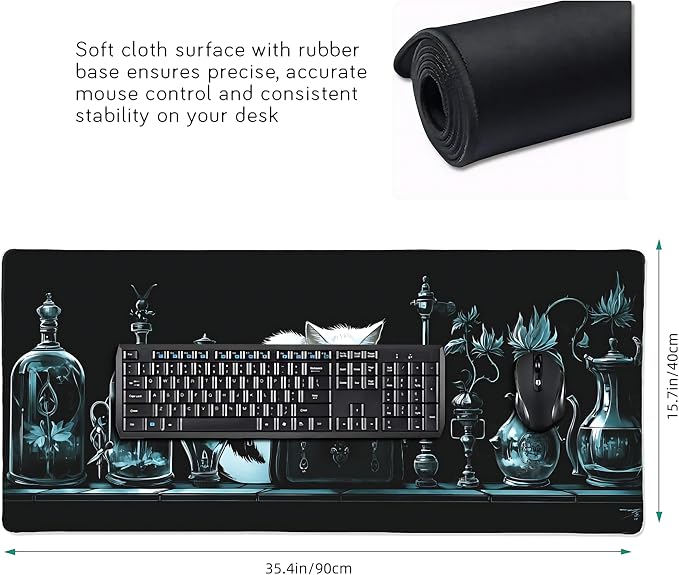 Anime White Cat Gaming Mouse Pad, Black White Gothic Desk Mat with Anti-Slip Base & Stitched Edges,35.4" x 15.7" in Desk Accessories for Women, Home Office Decor & Artistic Gift