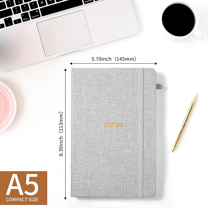 A5 Lined Journal Notebook, Fabric Hardcover, 3 Pack | 100 GSM Thick Paper 160 Pages, Elastic Band & Pen Holder College Ruled Journaling Notebooks for Work Travel (Gray)