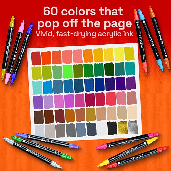 ARTISTRO Precision Dual-Tip Acrylic Paint Marker Pens - Set of 60 | For Fabric, Rock, Glass, Wood, & Coloring Books, Arts & Crafts Gift, Classroom Must Haves & School Supplies (Dot & Fine Tips)