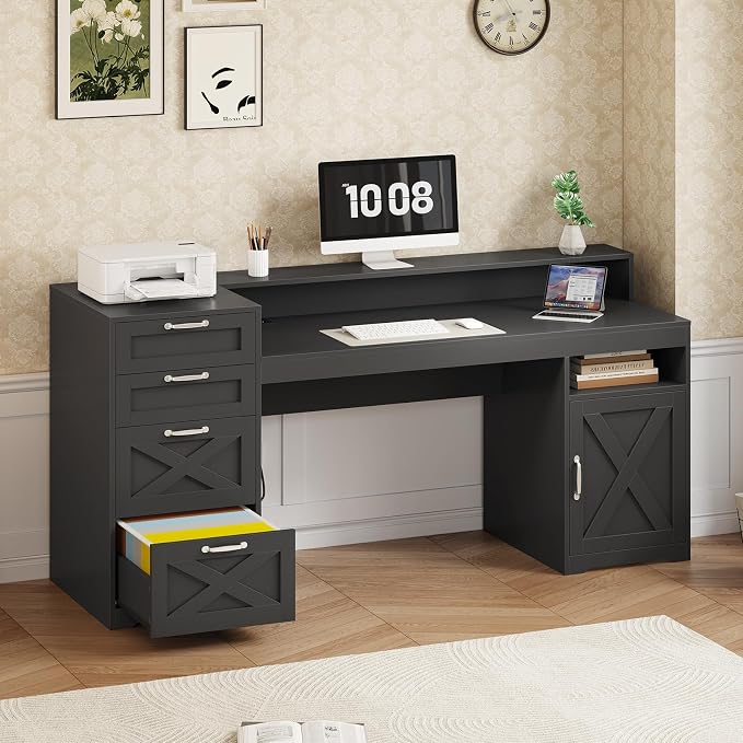 63" Black Computer Desk with 4 Drawers & Outlets for Home Office, Bedroom | Executive Desk with Printer Stand, Monitor Stand, Home Office Desks with Power Outlets, Storage Shelves, Black