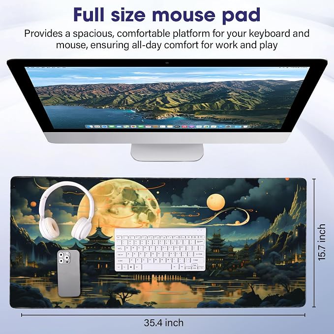 Large Extended Mouse Pad with Stitched Edges 35.4"x15.7" - Waterproof Desk Mat, Non-Slip Rubber Base for All-Desk Coverage, Perfect for Gaming Office Home, Moon
