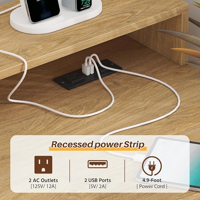 63" Rattan L Shaped Desk with Drawers & Storage Shelves for Home Office | Corner Desk with Power Outlets & LED Lights, L-Shaped Office Desks with File Drawer, Printer Shelf, Monitor Stand, Oak