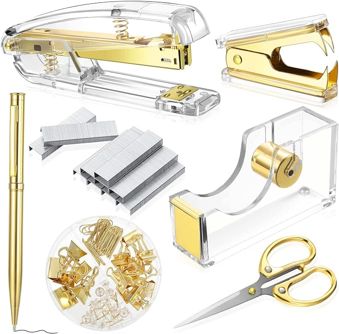Office Supplies Set Desk Accessory Kit, Acrylic Stapler Set Staple Remover, Tape Dispenser, Binder Clips, Paper Clips, Ballpoint Pen and Scissor with 1000 Pieces 26/6 Staples (Gold)
